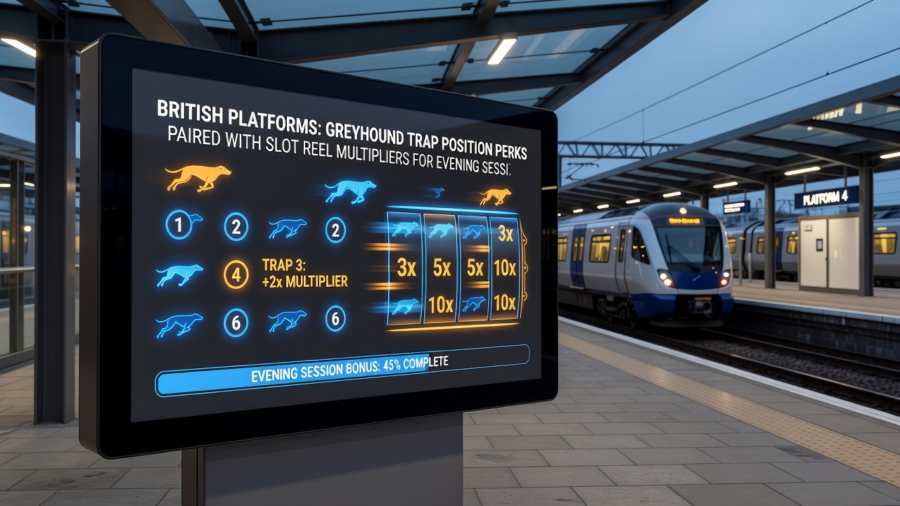 Evening greyhound racing interface transitioning into slot reel multiplier display on a British betting platform