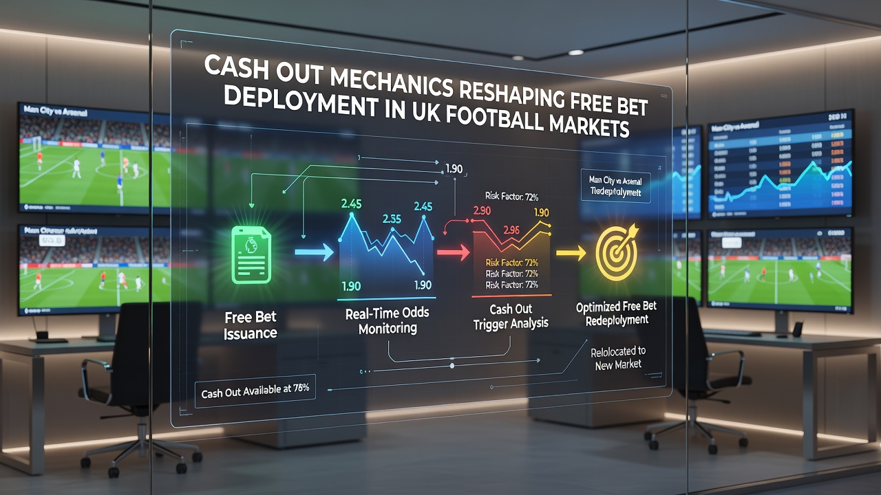 Bettors reviewing cash-out values on live Premier League odds boards in a UK betting shop