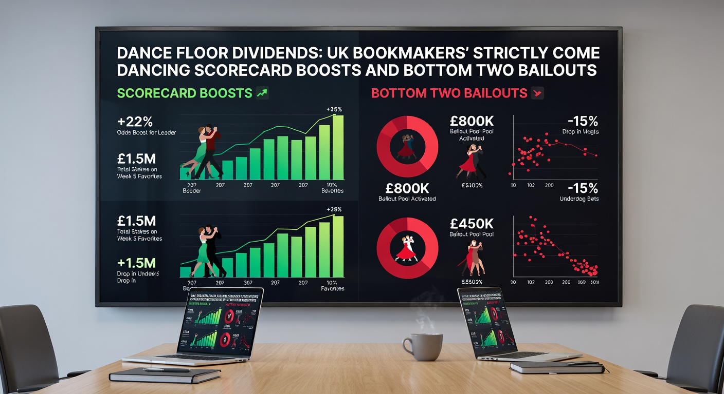Close-up of Strictly bottom two dance-off tension, with worried celebrities, cheering crowd, and bookmaker bailout promo graphics highlighting money-back offers
