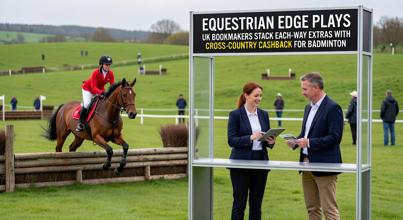 Close-up of a rider and horse mid-jump over a log fence in the Badminton cross-country course, mist rising from the ground amid cheering crowds