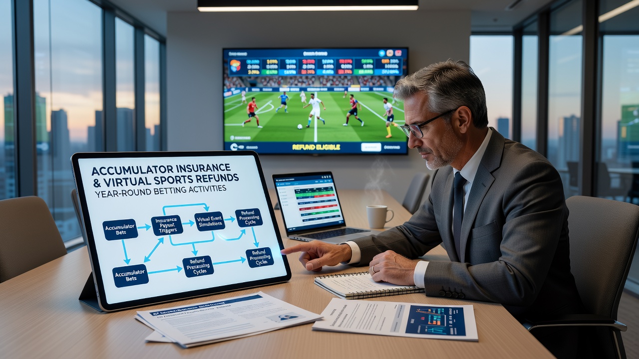 Split screen showing virtual sports event outcomes next to accumulator insurance claim processing screen