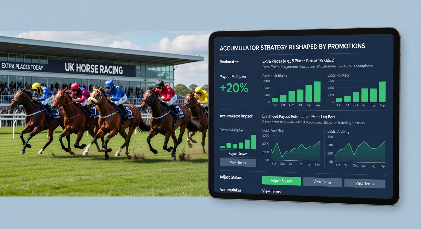Close-up of a bookmaker's app displaying extra place promotions on a Cheltenham racecard, with highlighted each-way odds for accumulator building