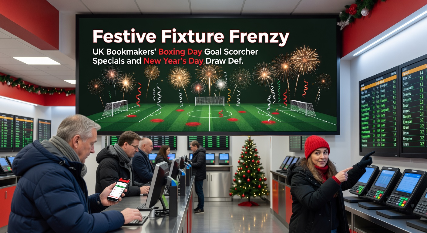 New Year's Day football pitch with draw-focused betting slips and bookmaker promo banners under fireworks