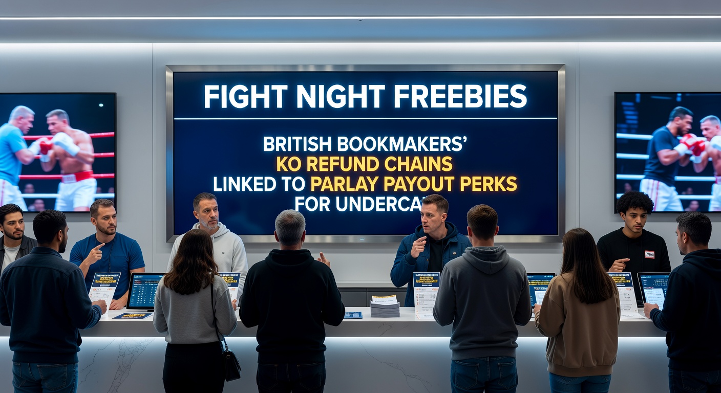 Close-up of a bookmaker's app screen showing active KO refund promo chained to a parlay boost on an undercard fighter's knockout odds, with live fight night stats ticking in the background