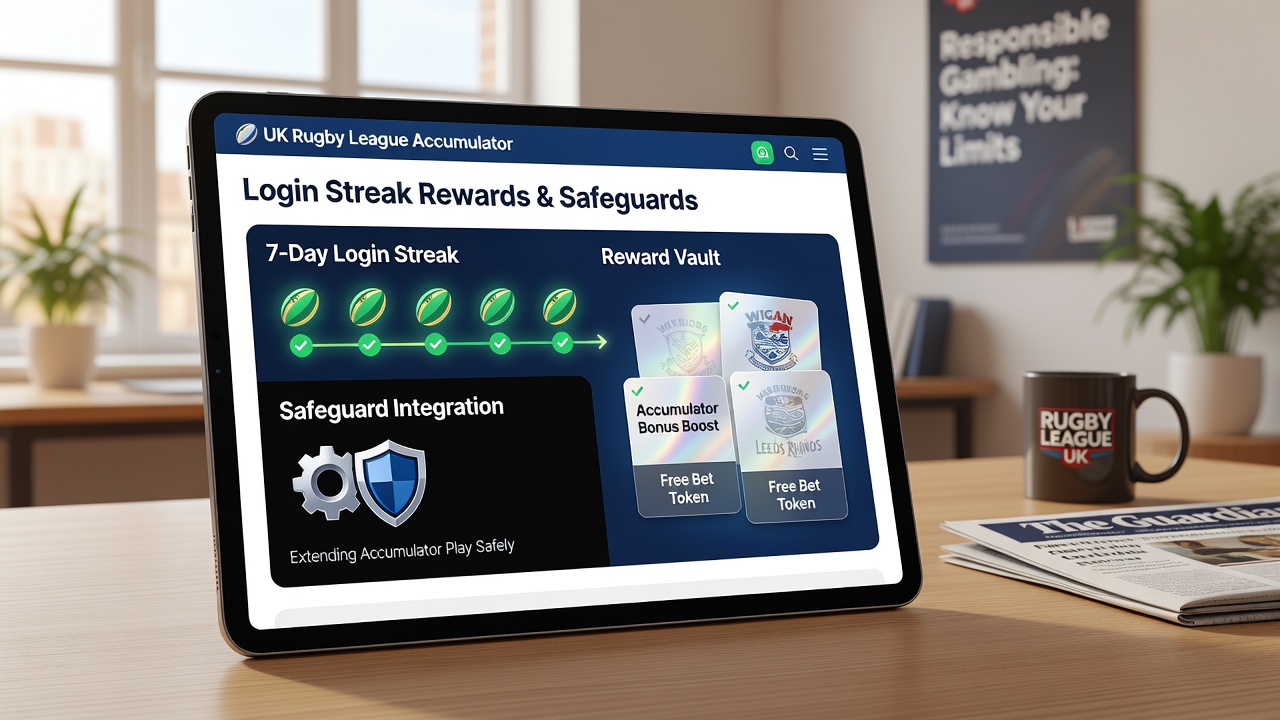 UK betting dashboard displaying rugby league accumulator with active login streak counter and safeguard indicators