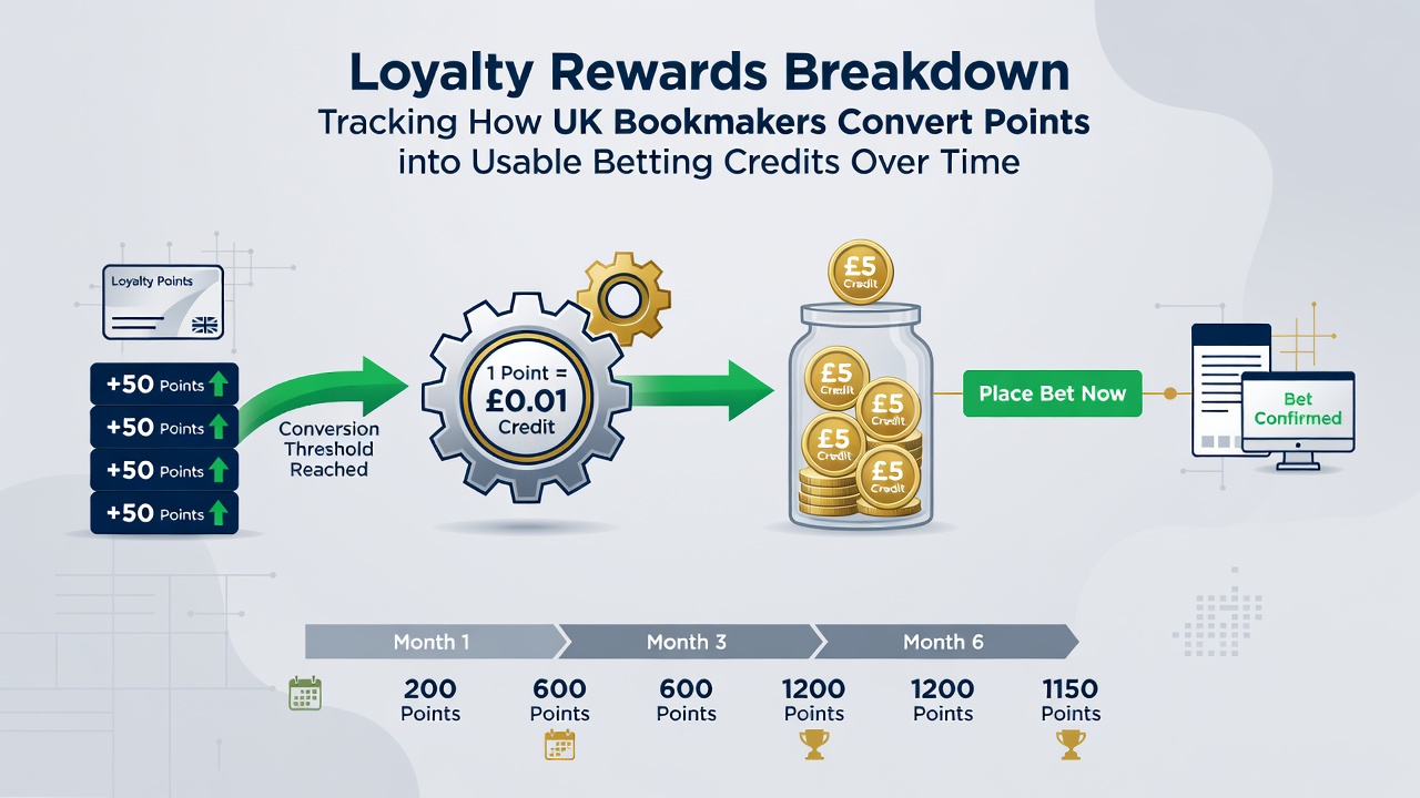 Timeline graphic illustrating point conversion rates for UK bookmakers from 2024 through 2026