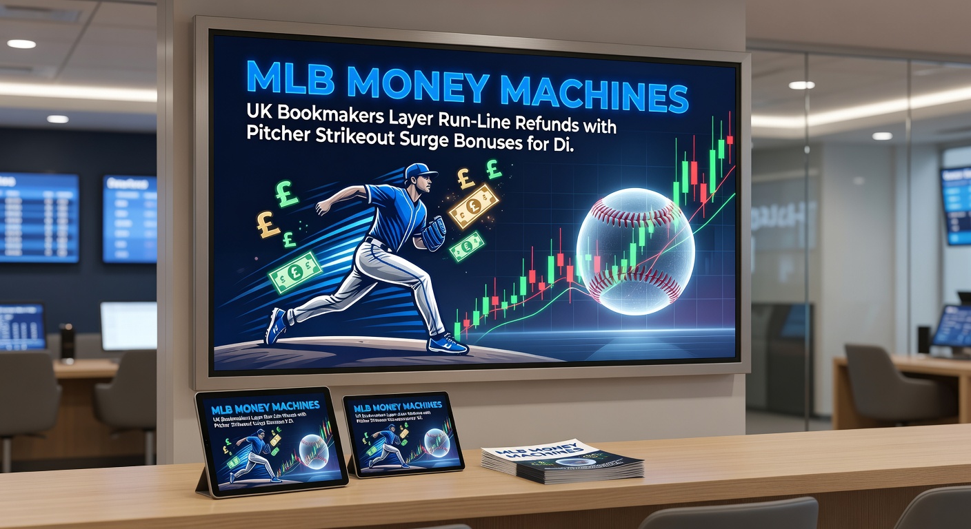 Close-up of MLB pitcher winding up with strikeout graphic and UK bookmaker promo overlays for Division Series