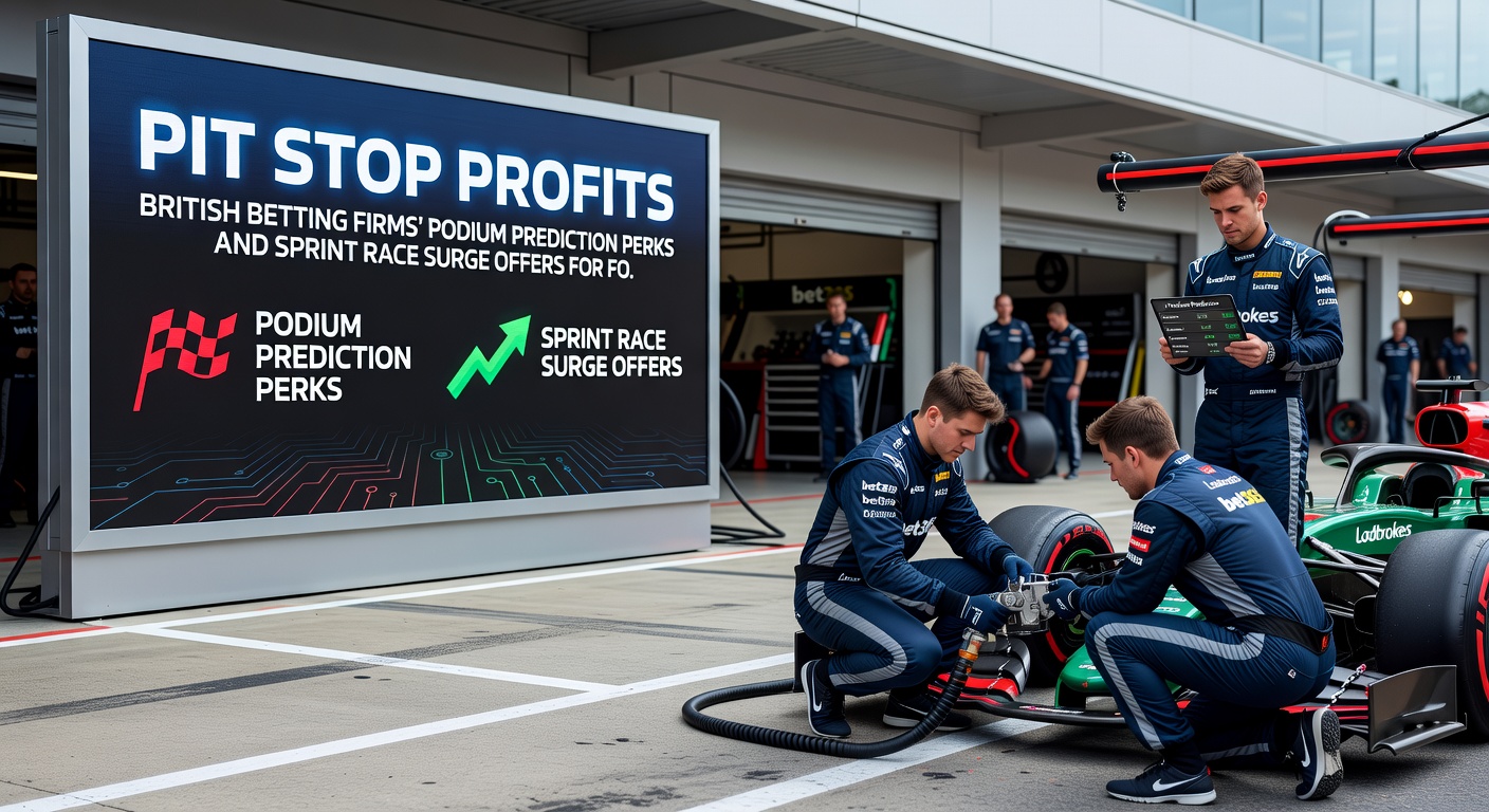 Close-up of a Formula 1 podium ceremony with drivers spraying champagne, symbolizing the podium prediction perks that British betting firms use to attract F1 fans