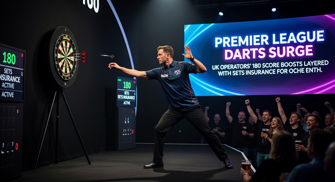 Close-up of darts board with 180 scored, player winding up for next throw amid arena lights