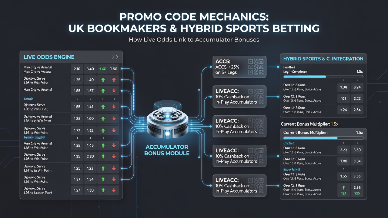 Diagram illustrating how promo codes link live odds updates to accumulator bonuses in mixed sports and casino betting environments