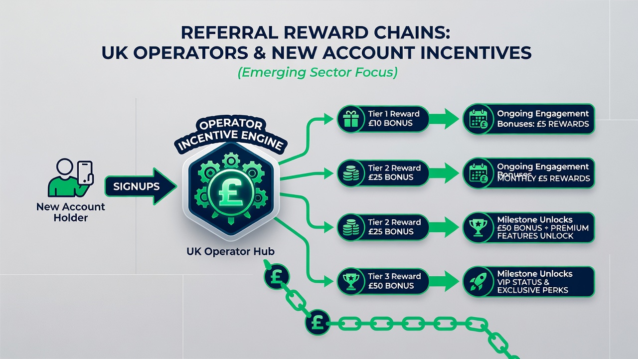 Diagram showing referral reward chain flow between UK operators and new users in emerging markets
