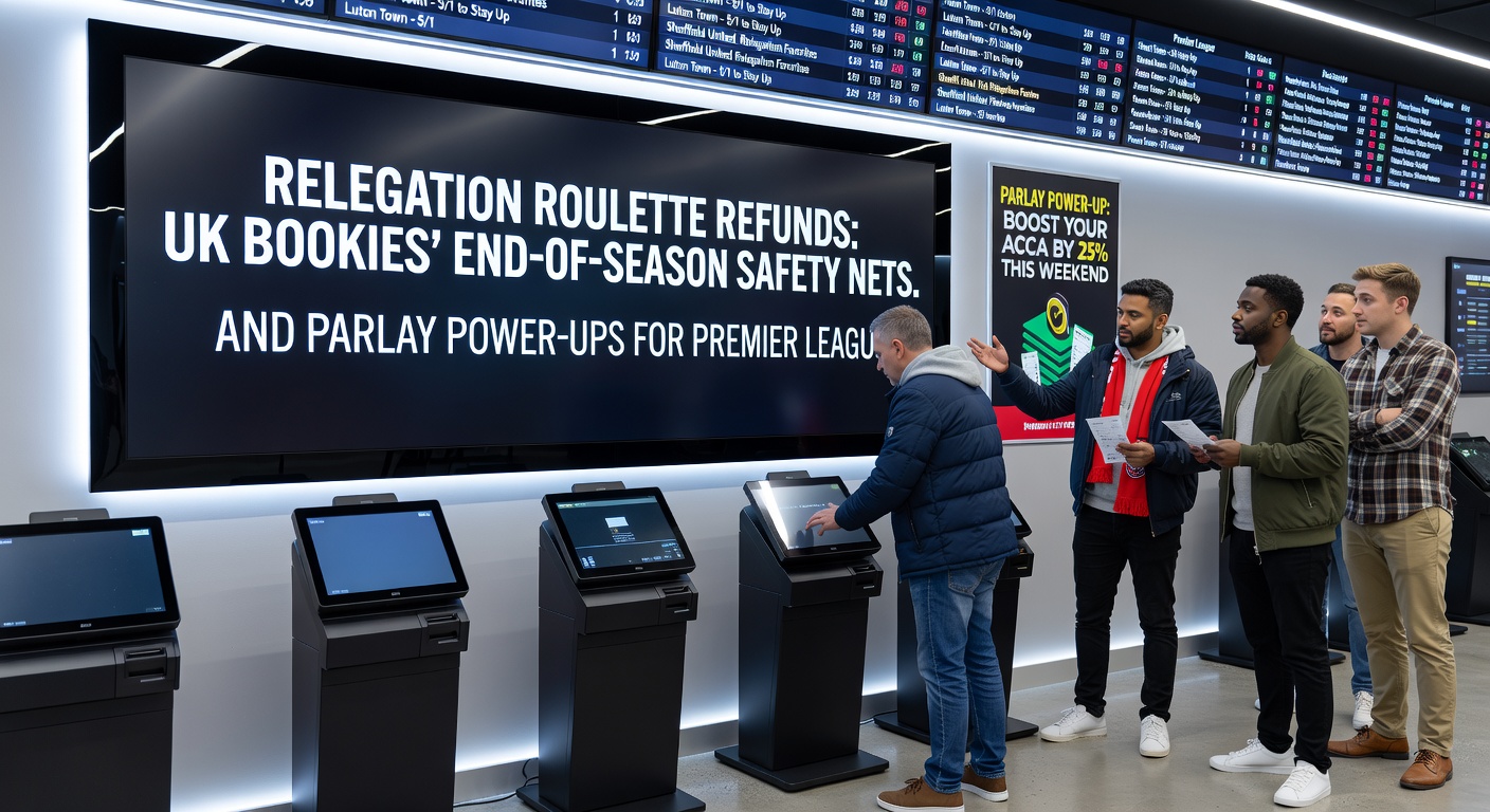 Close-up of a bookmaker's app screen showing active relegation refund promotions and acca boost offers during Premier League action