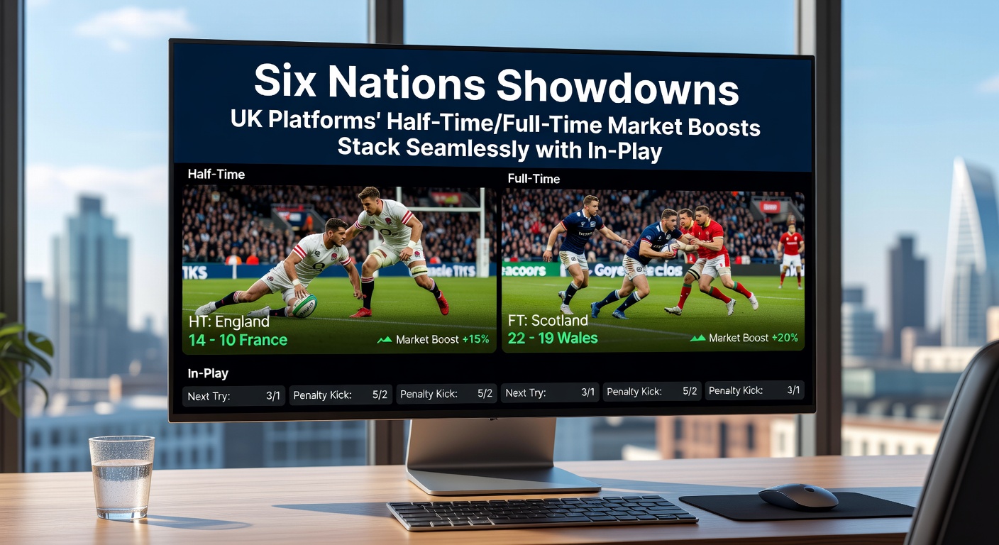 Rugby bettors analyzing live Six Nations odds on a UK platform interface, showcasing stacked HT/FT boosts and in-play refund options