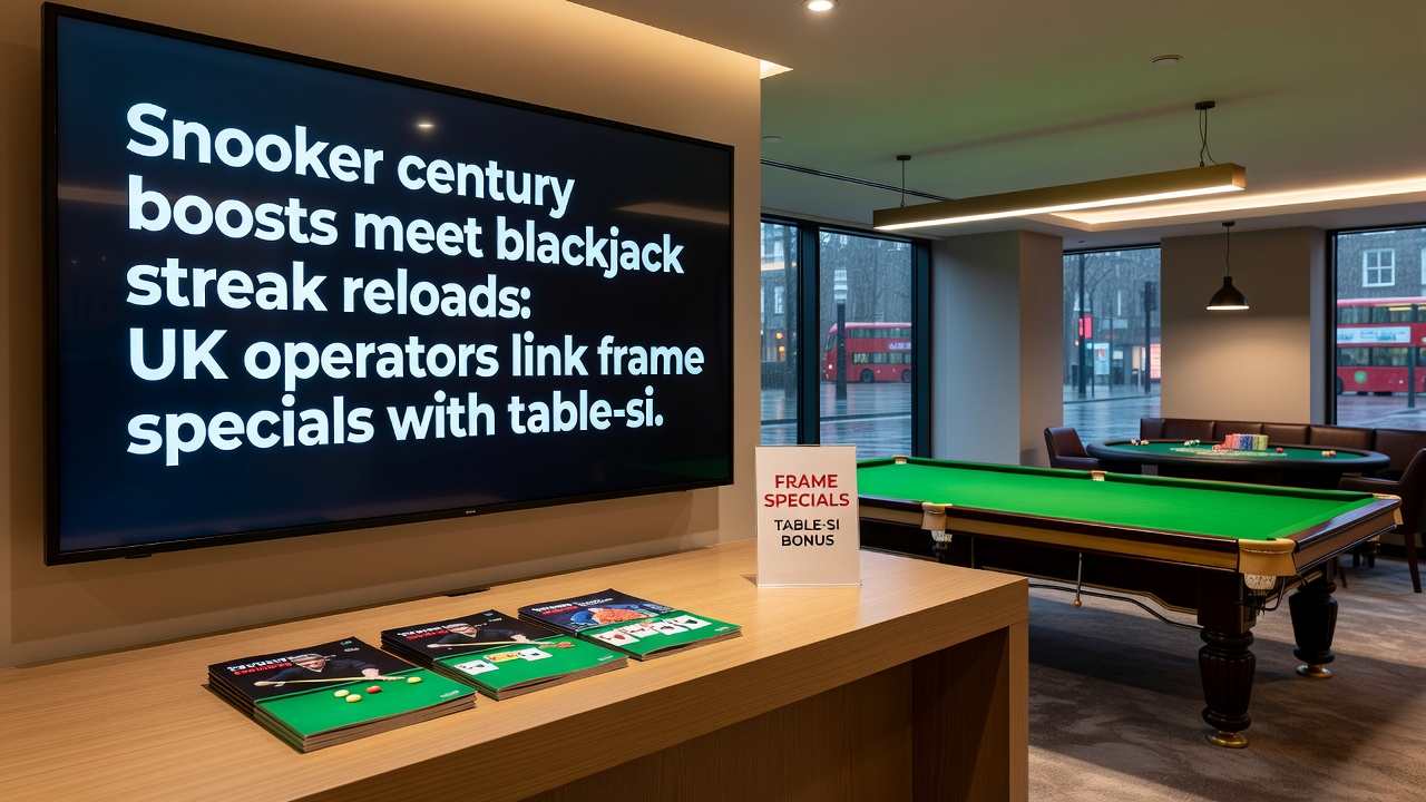 Blackjack table setup next to a snooker scoreboard displaying real-time hybrid promotion alerts