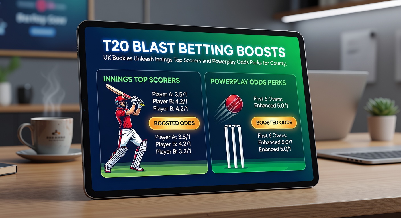 Close-up of a cricketer smashing a boundary in the powerplay, with scoreboard highlighting runs and bookie odds overlay