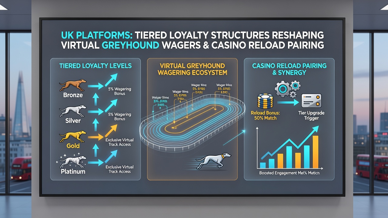 Casino reload bonus screen paired with virtual greyhound racing dashboard displaying tier progress and reward multipliers