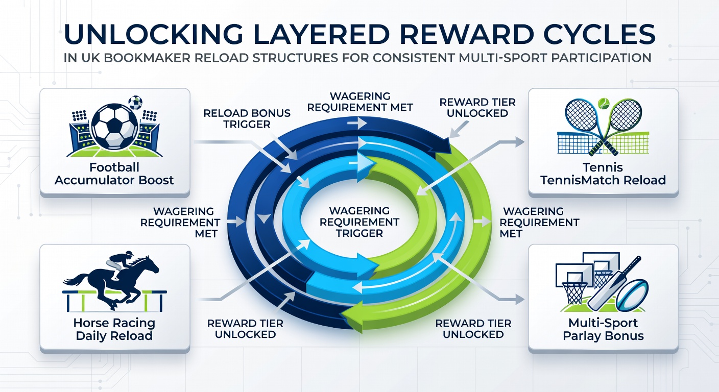 Diagram of multi-sport reload bonus stacking examples for UK bookmakers including football, tennis and racing