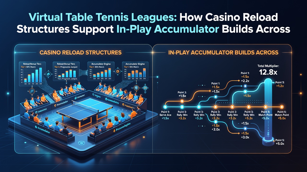 Close-up of in-play accumulator builder interface highlighting reload bonus allocation during a virtual table tennis match